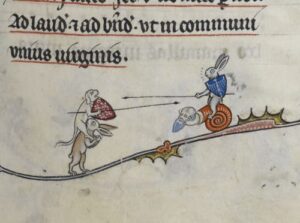A rabbit battling a dog (Breviary of Renaud de Bar, ca. 1302-1303, (British Library, London,) f. 294r.