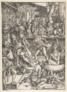 Dürer: Apocalipsis cum figuris: 1. The Martyrdom of St. John, 1498