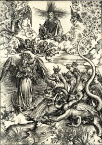 Dürer: Apocalipsis cum figuris: 11. The woman of the Apocalypse and the seven-headed dragon, 1498