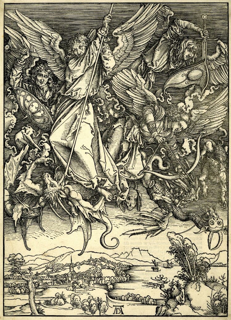 Dürer: Apocalipsis cum figuris: 12. Saint Michael Fighting the Dragon, 1498