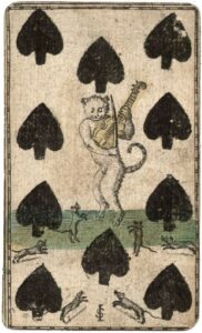 Cat playing a viol while the mice dance, 10 of piques (spades) playing card (Germany 1610-1650)