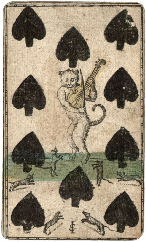Medieval art of Cat playing a viol while the mice dance, 10 of piques (spades) playing card (Germany 1610-1650)