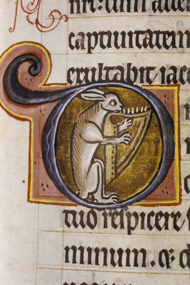 Rabbit and harp - detail. Eng. c1210-20. Bodl. Ashmole 1525