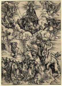 Dürer: Apocalipsis cum figuris: 14. The beast with the lamb's horns and the beast with seven heads, 1498