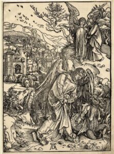 Dürer: Apocalipsis cum figuris: 15. The angel with the key of the bottomless pit, 1498