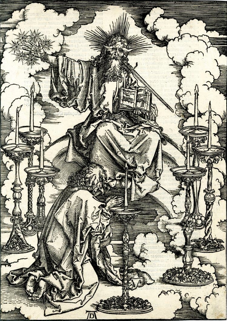 Dürer: Apocalipsis cum figuris: 2. St John's vision of the seven candlesticks, 1498