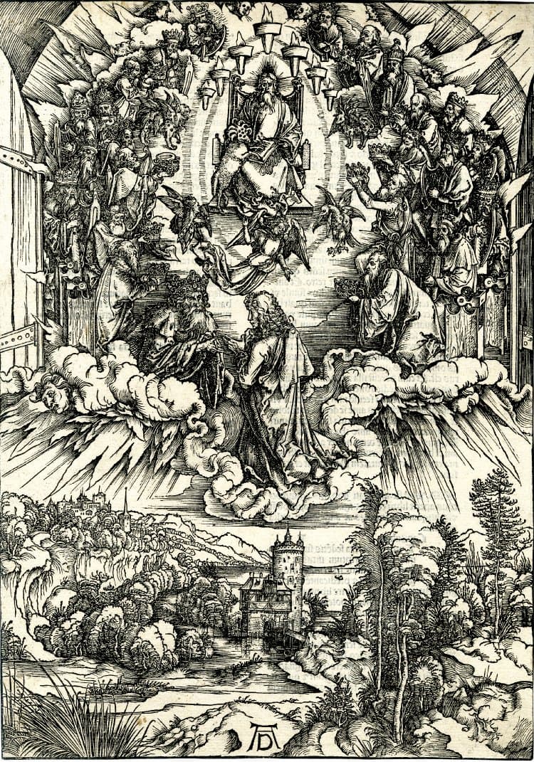 Dürer: Apocalipsis cum figuris: 3. St John kneeling before Christ and the twenty-four elders, 1498