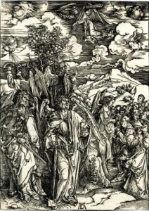 Dürer: Apocalipsis cum figuris: 6. Four angels holding back the winds, and the marking of the elect, 1498