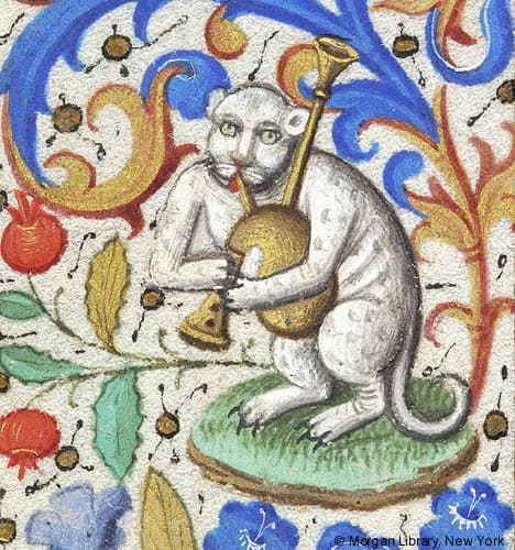 Medieval art of Cat playing the Bagpipe (Book of hours, ca. 1460 (New York, Morgan Library & Museum), MS M. 282, fol. 133v)