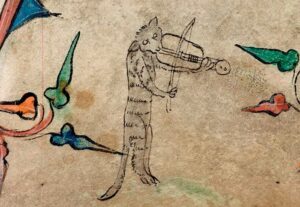 Cat and Vielle (Book of Hours, England (London), c. 1320 - c. 1330, Harley MS 6563, f. 40r)