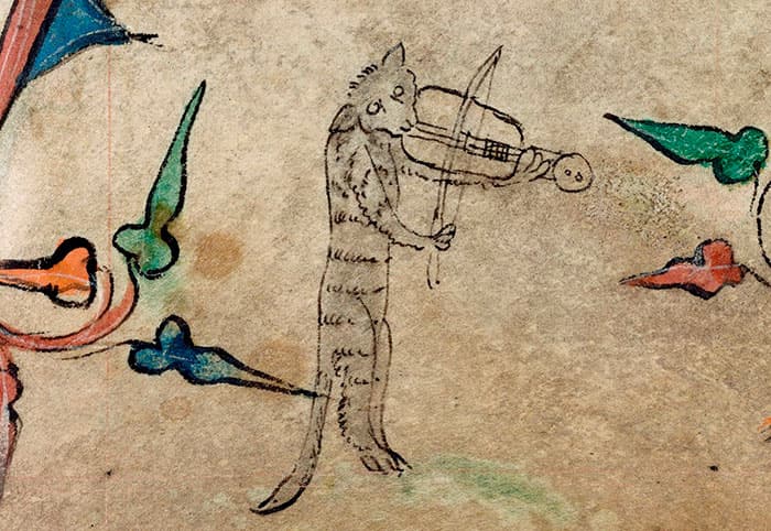 Medieval art of Cat and Vielle (Book of Hours, England (London), c. 1320 - c. 1330, Harley MS 6563, f. 40r)