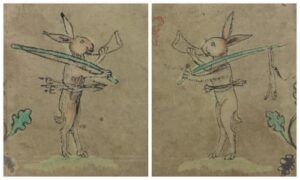 Rabbit with hunting horn (Harley MS 6563, f. 20r-v)