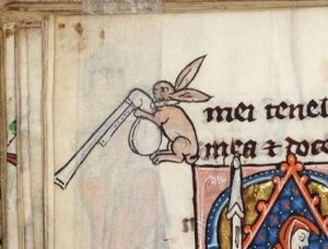 Rabbit and bagpipe - 'The Rutland Psalter', England ca. 1260 (British Library, Add 62925, fol. 100r)