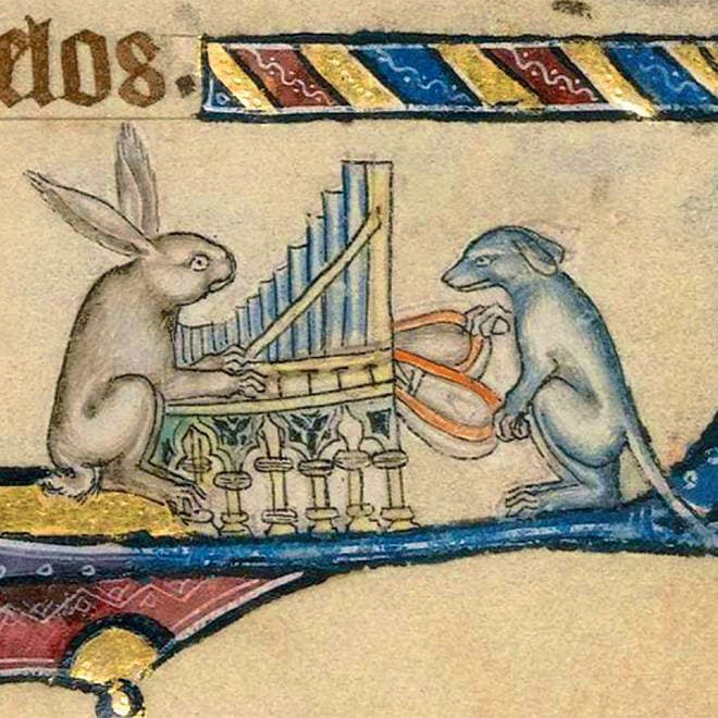 Rabbit and dog playing a portative organ (The Macclesfield Psalter (Fitzwilliam Museum, Cambridge))