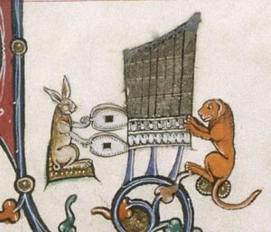 Rabbit and dog playing a portative organ (Add MS 49622 (British Library), f. 106v)