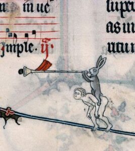 Rabbit and horn with human horse – (Breviary of Renaud (Verdun, Bibliothèque municipal), ms. 107, fol. 105r)