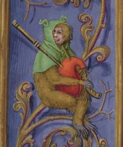 Monkey and bagpipes (Breviary of Queen Isabella of Castile (British Library). Add MS 18851, f. 419v)