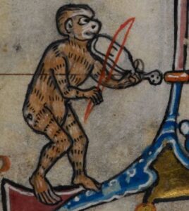 Monkey and Vielle (The Maastricht Hours (British Library), Stowe MS 17, f. 206v)