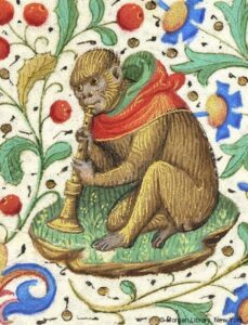 Monkey and shawm (Book of Hours (Morgan Library), MS M.282 fol. 58r)