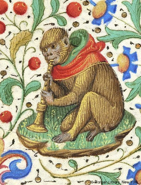 Monkey and shawm (Book of Hours (Morgan Library), MS M.282 fol. 58r)
