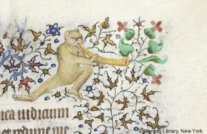 Monkey and horn (Book of Hours (Morgan Library), MS M.1004 fol. 74r)
