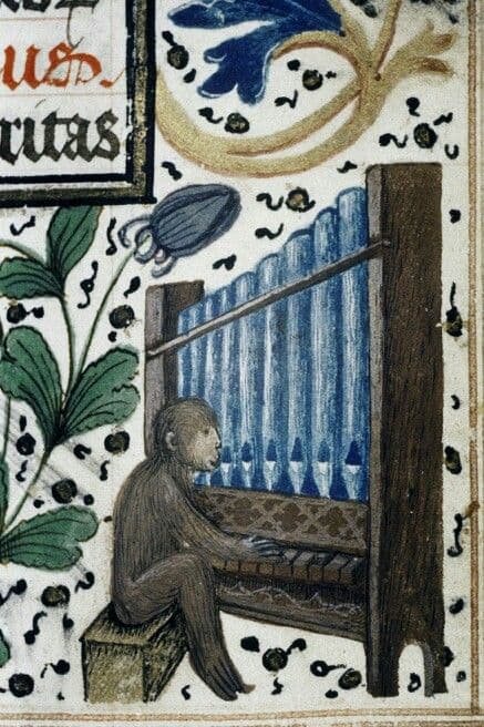 Monkey and Portative Organ – Book of Hours (Bodleian Library), MS Douce 266)