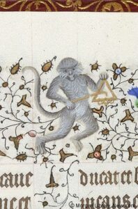 Monkey playing the triangle (Book of Hours (Morgan Library), MS M. 1004, fol. 160r)