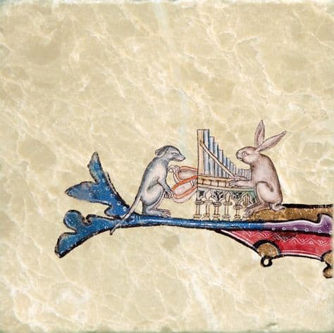 Rabbit and dog playing a portative organ (Luttrell Psalter)