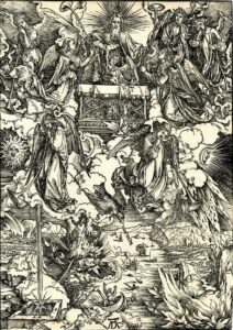 Dürer: Apocalipsis cum figuris: 8. The opening of the seventh seal and the eagle crying 'Woe'n, 1498