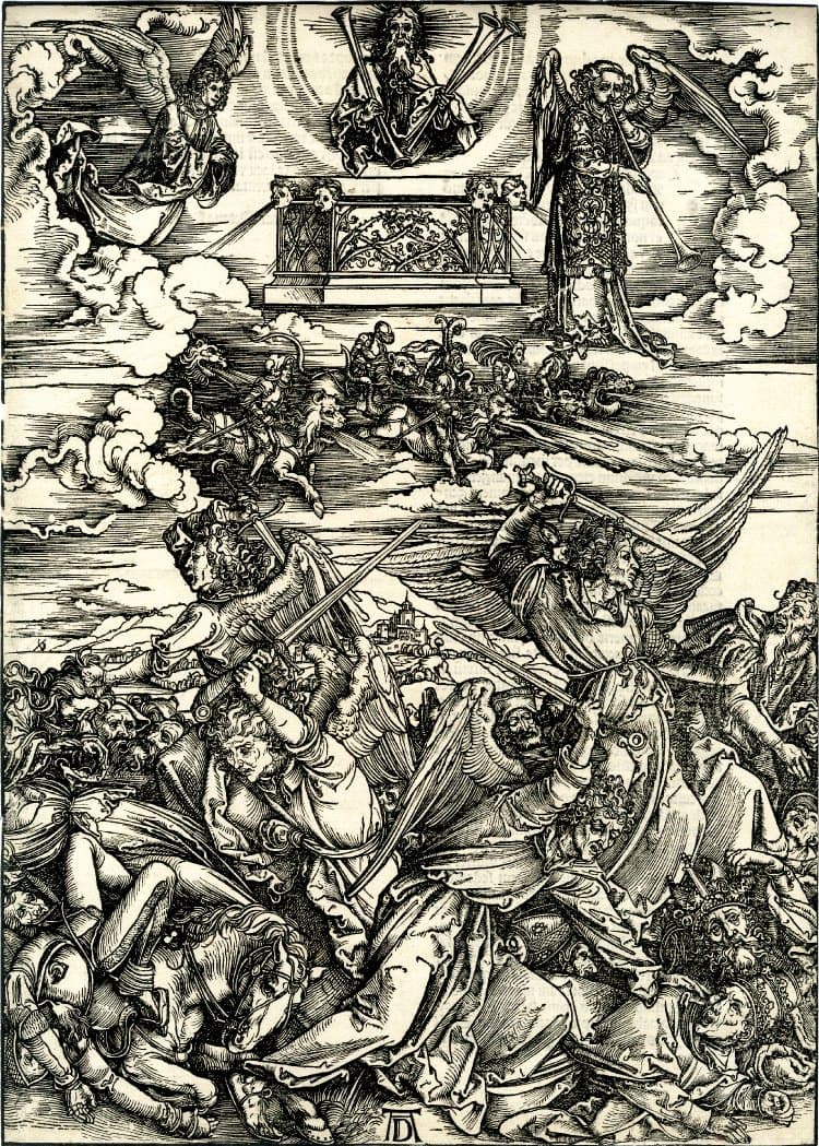 Dürer: Apocalipsis cum figuris: 9. The four angels of Death, 1498