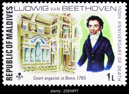 Stamp design featuring composer Beethoven in Bonn, 1785