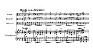 Music score showing the opening of Johannes Brahms' Piano Quartet No. 1, Op. 25 - IV. Rondo alla Zingarese