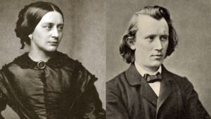 Black and white collage of composer Johannes Brahms and Clara Schumann