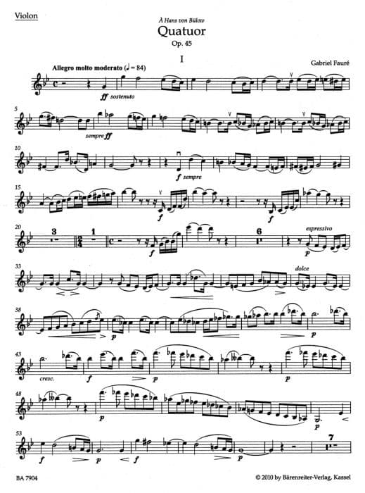 Music score of Gabriel Fauré's piano quartet Op. 45