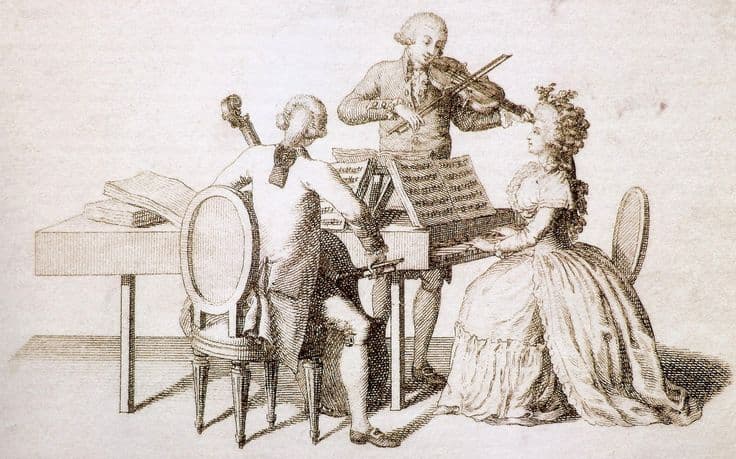Black and white drawing of a classical piano trio