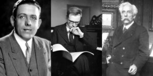 Photo collage of French composers Francis Poulenc, Olivier Messiaen and Gabriel Faure