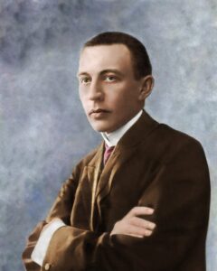 A colorized photo of Rachmaninoff in 1909