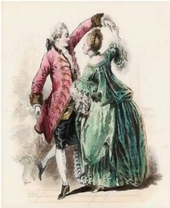 a watercolor painting of a man and woman in renaissance attire dancing the gavotte