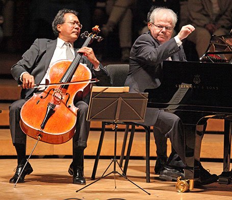Yo-Yo Ma and Emanuel Ax emote at Ozawa Hall (Hilary Scott photo)