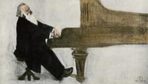 Painting of Johannes Brahms at the piano