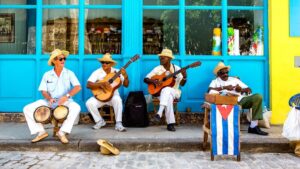 Photo of Latin American musicians performing at the street