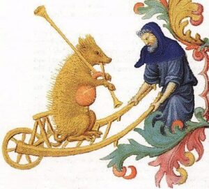 Bear in a barrow with bagpipes (Tres Riches Heures du Jean, duc du Berry)