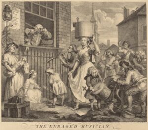 The Enraged Musician by English artist William Hogarth, which depicts a comic scene of a violinist driven to distraction by the cacophony outside his window.