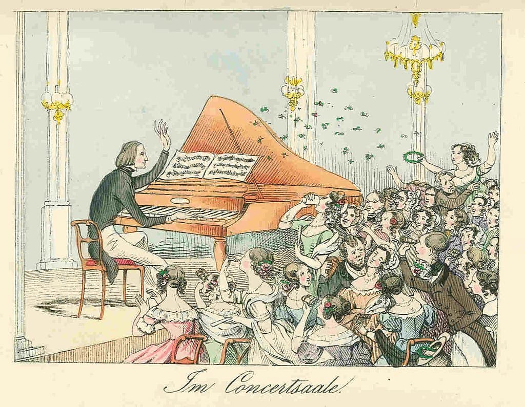 Caricature of composer Franz Liszt in the concert hall