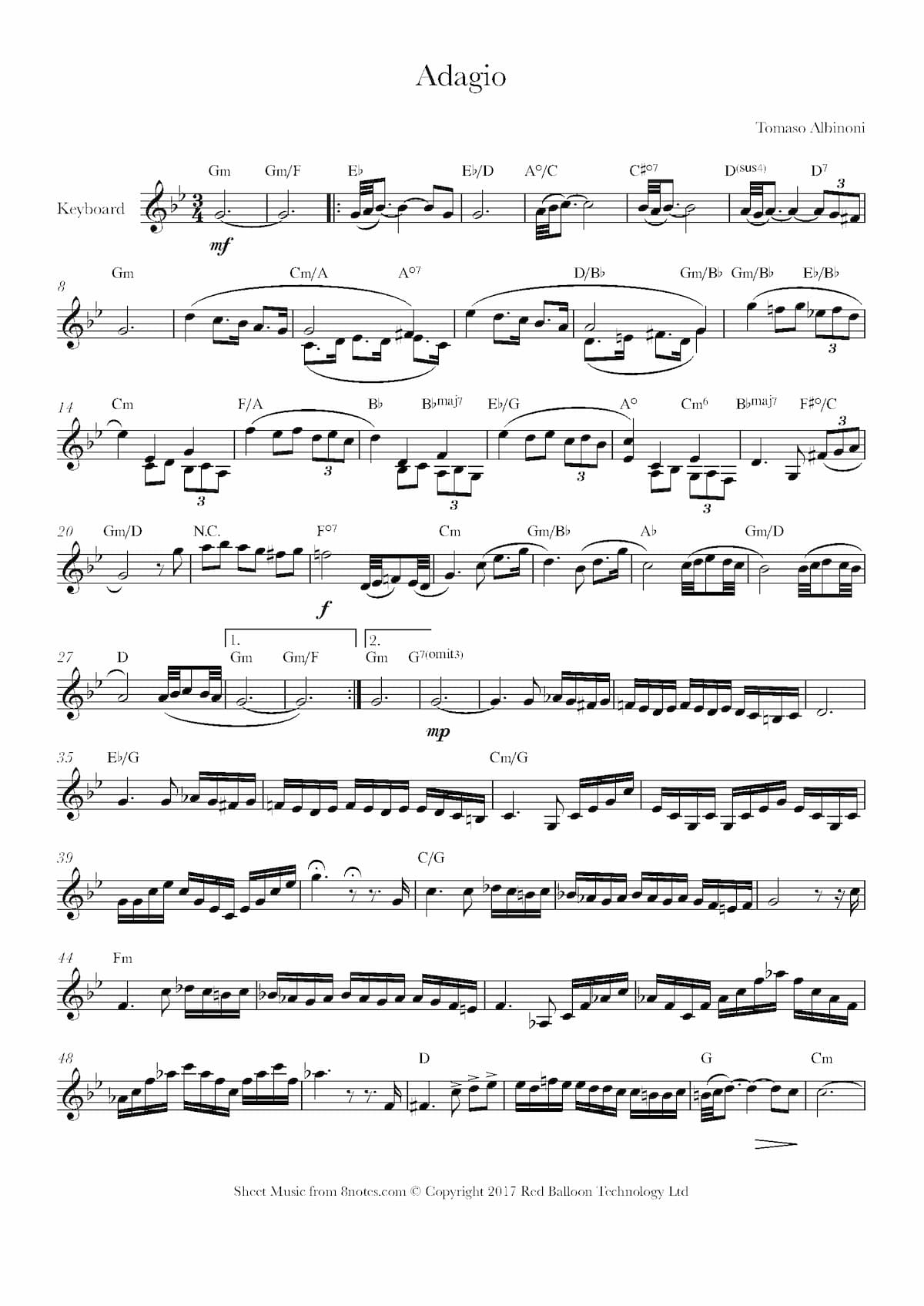 Music score of Tomaso Albinoni's Adagio