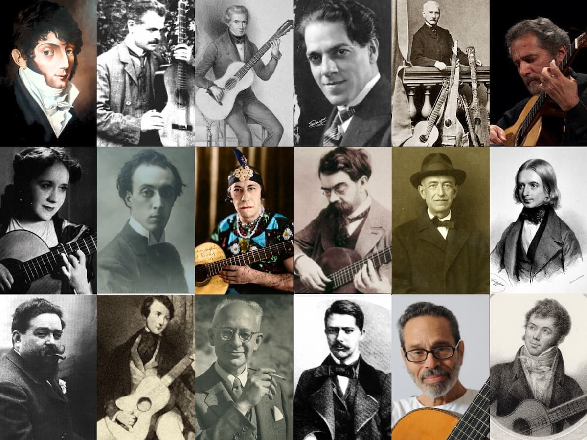 A collage of classical guitar composers