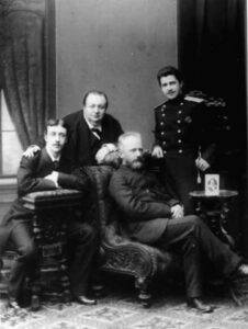 Aleksandr Zhedrinsky, Aleksey Apukhtin, Tchaikovsky, and Georgy Kartsov. Photographed by Sergey Levitsky in Saint Petersburg, March 1884.