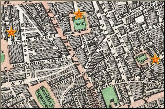 Map of London 1806 showing Rebecca Schroeter's house in Hanover Square and Haydn's rented lodgings