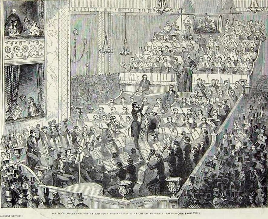 Louis Jullien conducting the ‘British Army Quadrille’ for orchestra and four military bands at Covent Garden Theatre (Illustrated London News, November 7, 1846)