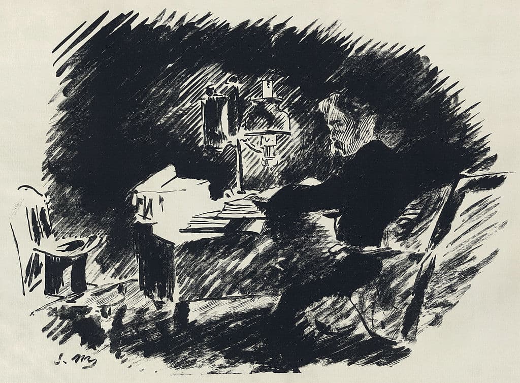 An illustration by Édouard Manet, from Mallarmé's translation, depicting the first two lines of the poem.